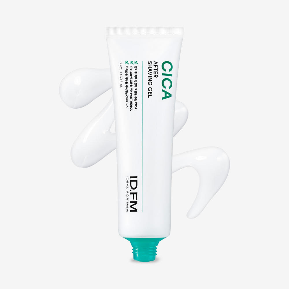 IDEAL FOR MEN Cica After Shave Gel 50ml, tube Cica vert et blanc sur fond clair, visuel produit pour hommes