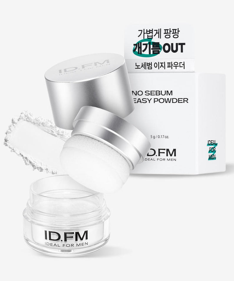 IDEAL FOR MEN No-Sebum Easy Powder 5g de la marque ID.FM, boîte et pot visibles sur fond clair, contexte cosmétique.