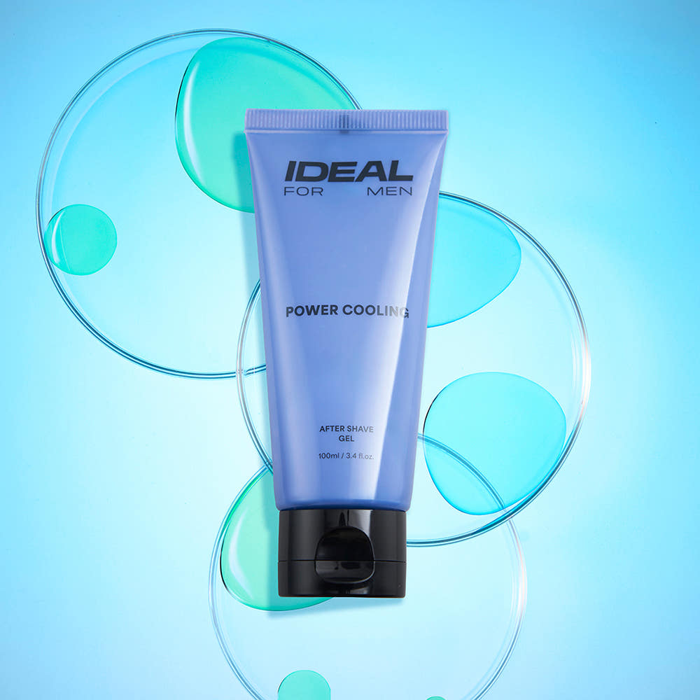 Décris l'image en français : IDEAL FOR MEN Power Cooling Gel 100ml, tube et marque sur fond bleu avec bulles.