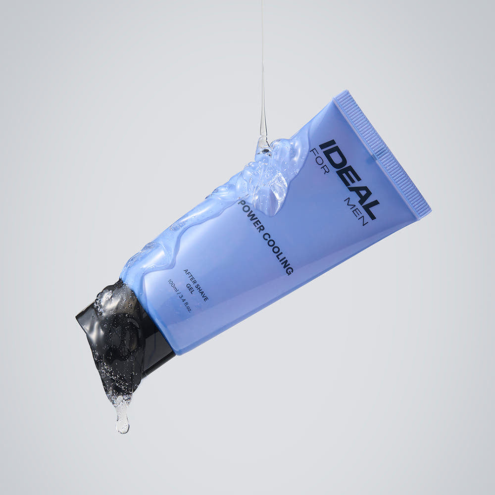 IDEAL FOR MEN Power Cooling Gel 100ml : tube bleu sur fond clair, gel qui coule, pack masculin.