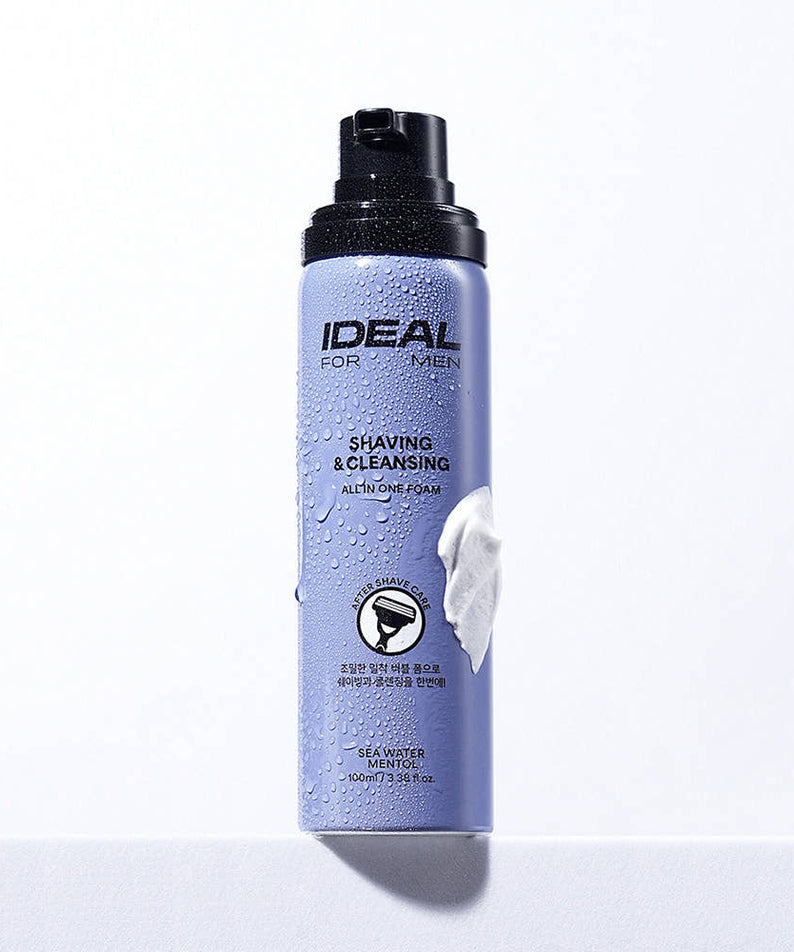 IDEAL FOR MEN Shaving & All-in-One Cleansing Foam 100ml, bouteille bleue, mousse à raser et nettoyante, fond clair