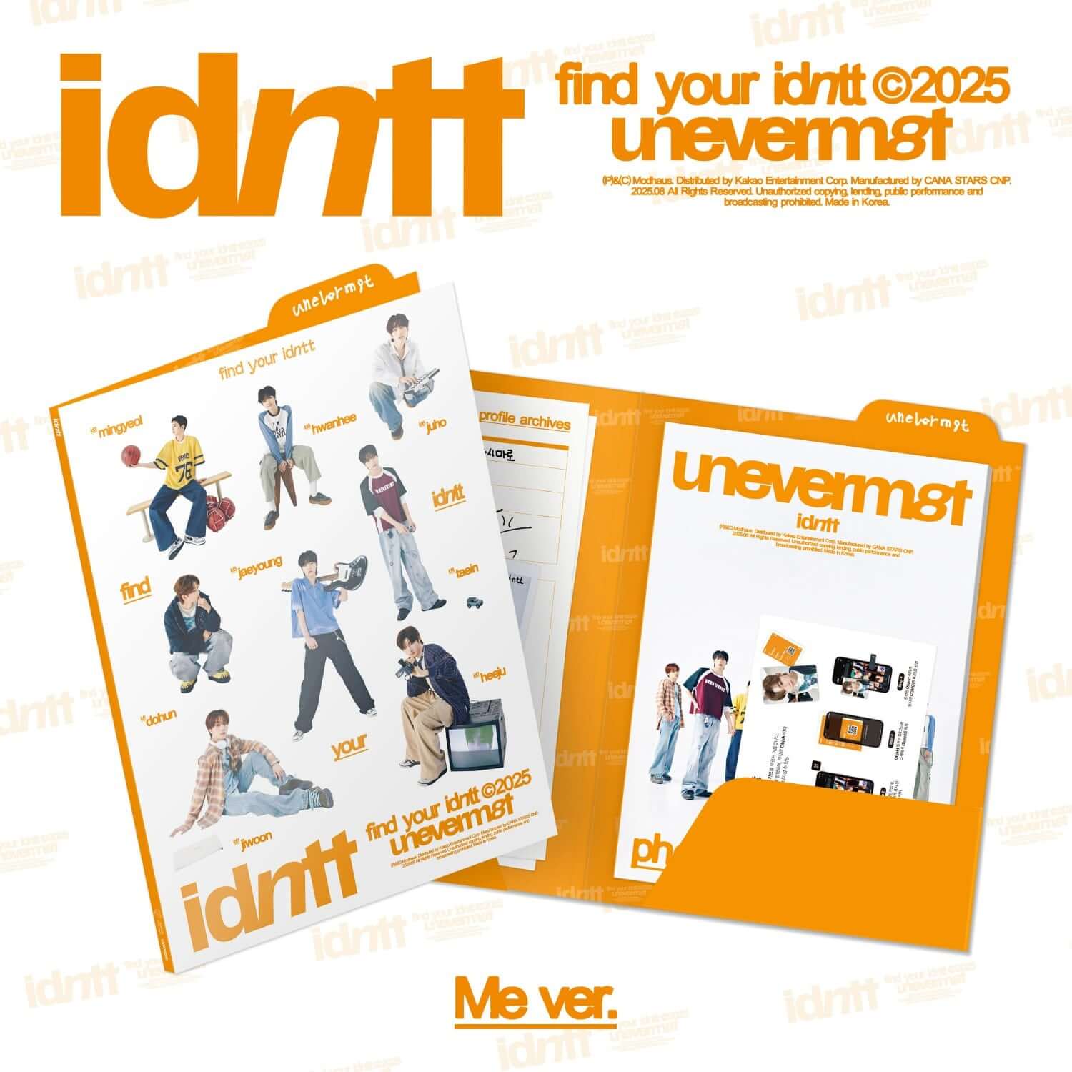 IDNTT - [unevermet] (Me ver.) - Album Kpop, pochette orange idntt2025, pack de photos et personnages, fond crème