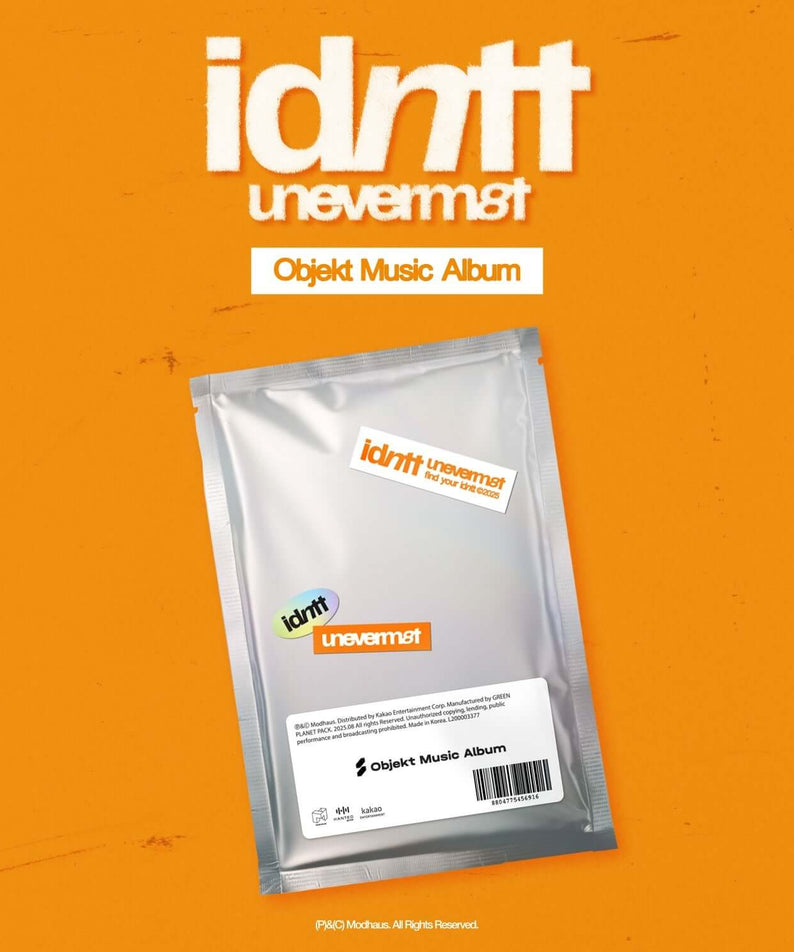 IDNTT - [unevermet] (Objekt Music Album ver.) - Album Kpop : visuel pochette et sachet sur fond orange, marque idntt.