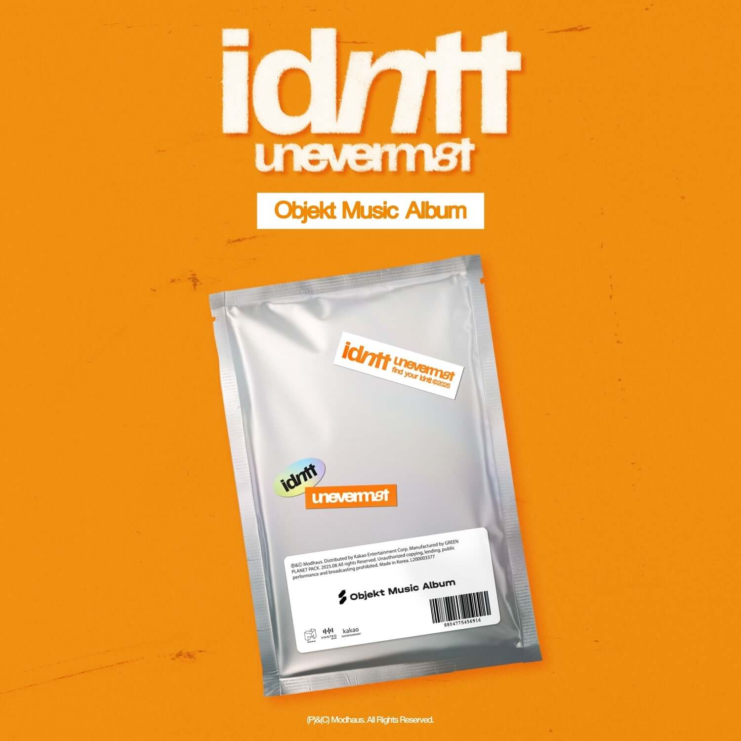 IDNTT - [unevermet] (Objekt Music Album ver.) - Album Kpop : visuel pochette et sachet sur fond orange, marque idntt.
