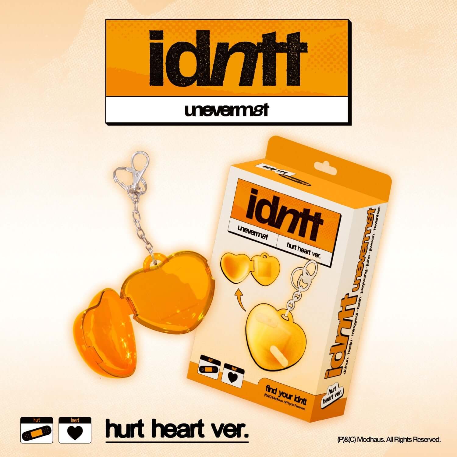 IDNTT - [unevermet] (hurt heart ver.) - Album Kpop, visuel packaging orange et porte-clés, marque IDNTT, fond clair