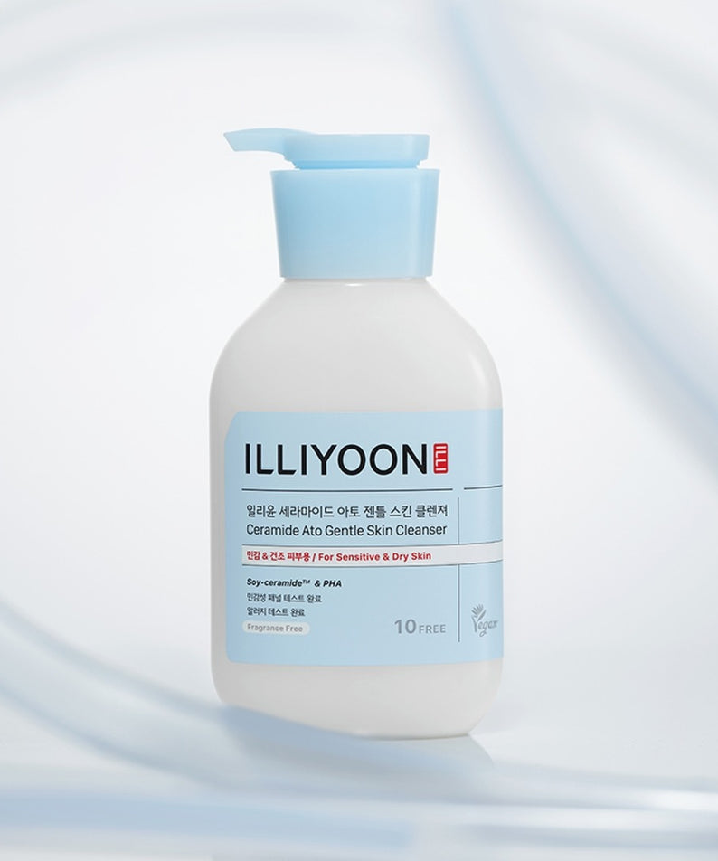 ILLIYOON Ceramide Ato 5.0 Gentle Skin Cleanser 400ml, flacon bleu sur fond blanc, crème nettoyante visage apaisante