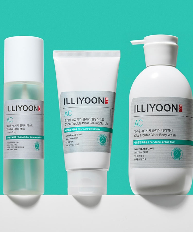 ILLIYOON Cica Acne Clear Body Wash 400ml, flacon blanc sur fond turquoise, marque ILLIYOON, contexte cosmétique salle de bain.