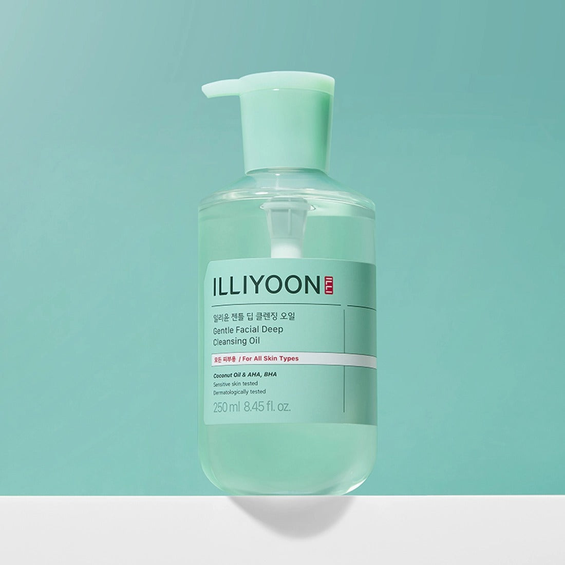 ILLIYOON Gentle Deep Cleansing Oil 250ml, huile nettoyante visage sur fond turquoise, flacon avec pompe.