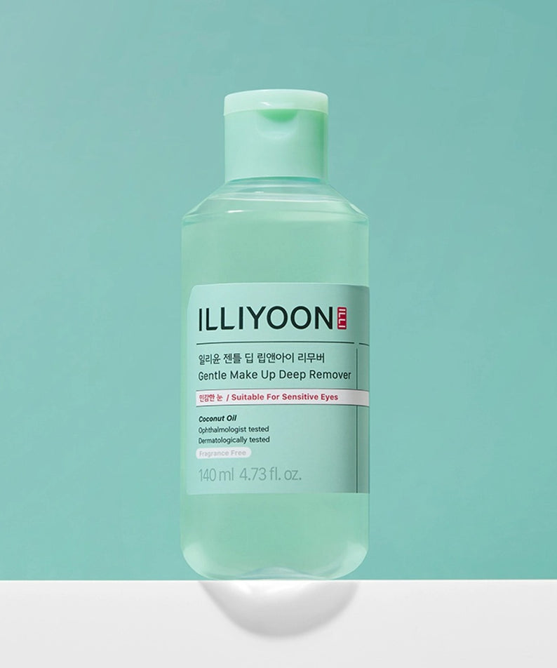 ILLIOYOON Gentle Deep Lip & Eye Remover 140ml, démaquillant doux pour lèvres et yeux, flacon de 140ml avec fond vert.