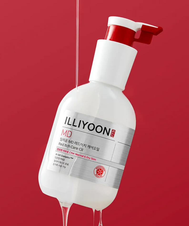 Flacon d'ILLIYOON Redich Care Oil 200ml sur fond rouge, soin hydratant pour peau normale et sèche.
