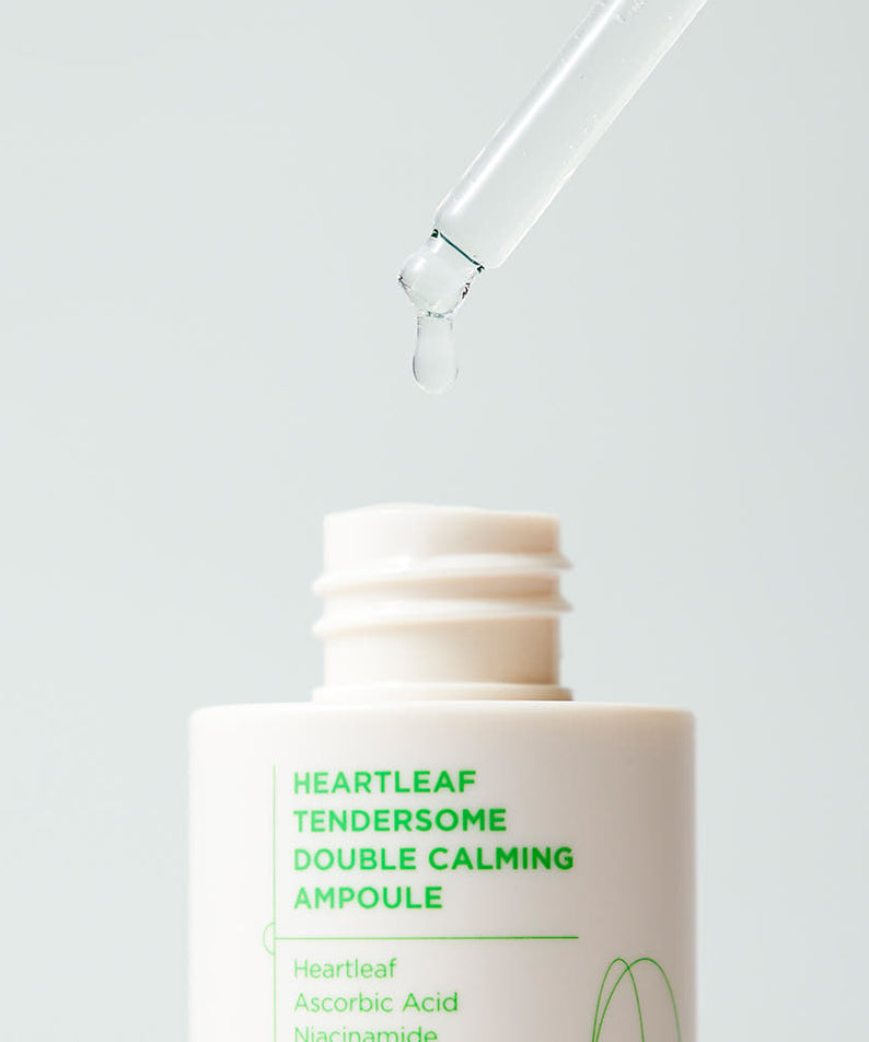 ILSO Eoseongcho Tenderjom Double Calming Ampoule 30ml avec compte-gouttes, apaisant et hydratant pour la peau sensible.