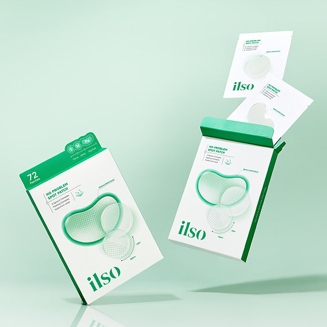 ILSO No Trouble Spot Patch de la marque ilso, patchs anti-imperfections sur fond vert, packaging photo produit.