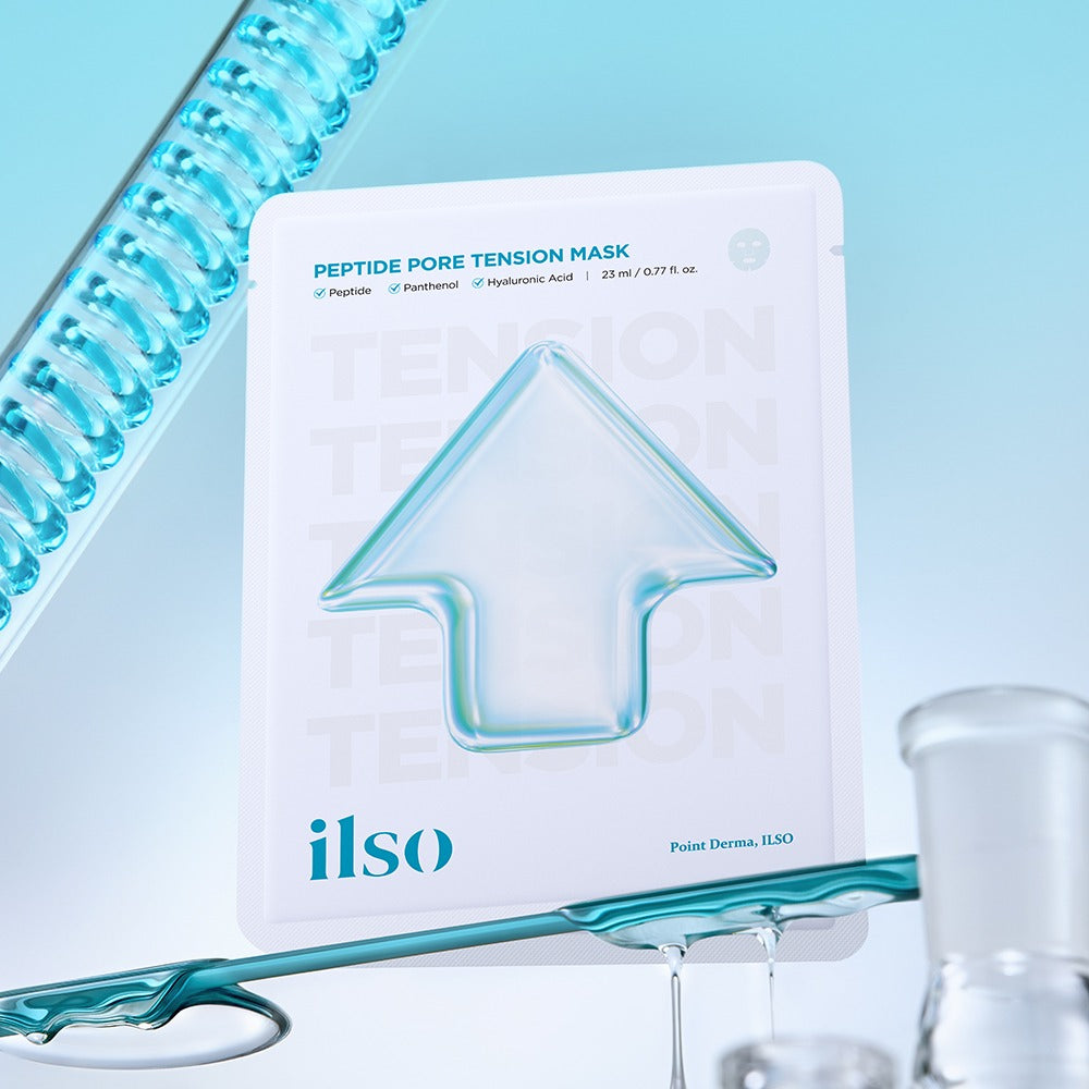 ILSO Peptide Pore Tension Mask 1 Sheets de la marque ILSO sur fond bleu, pack de masque et sérum.