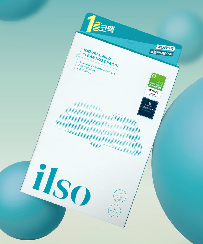 ILSO Natural Mild Clear Nose Pack sur fond bleu avec bulles, idéal pour une peau éclatante et naturelle.