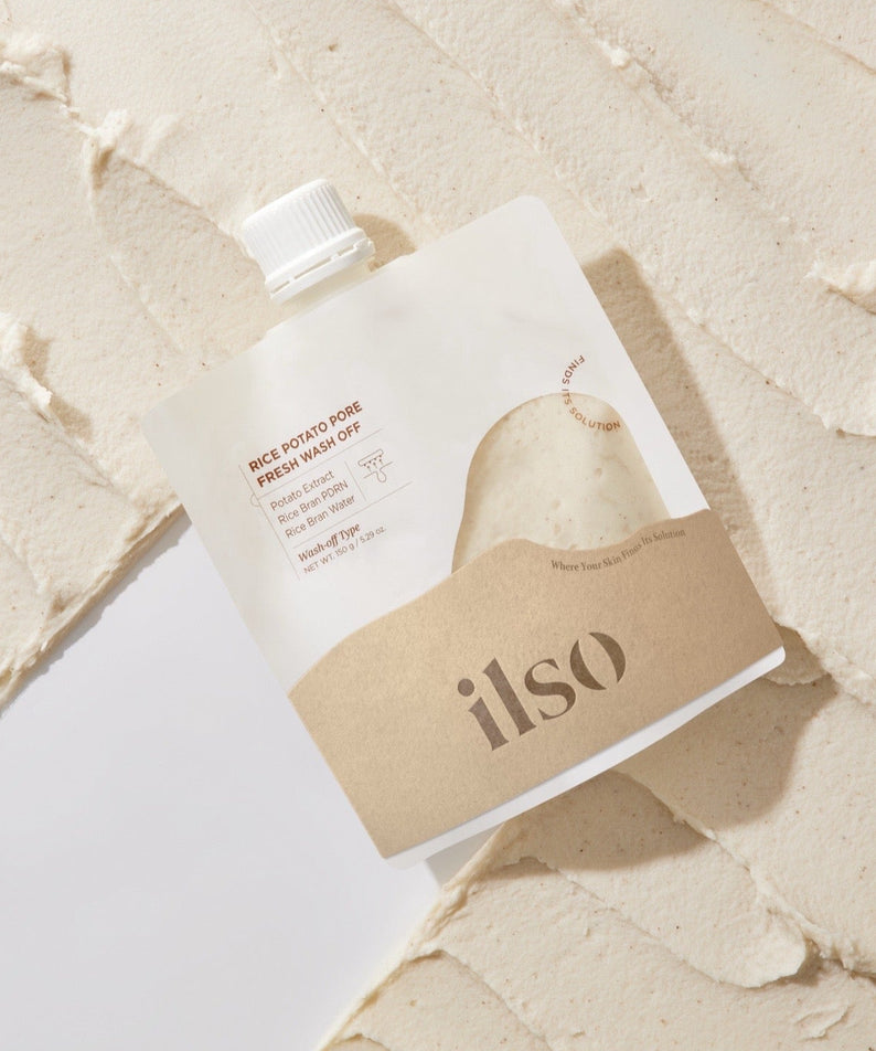 ILSO Rice Potato Pore Fresh Wash-Off 150g, soin visage sur fond blanc, texture crémeuse, produit cosmétique naturel.