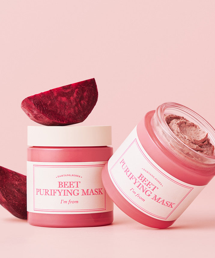 I'M FROM Beet Purifying Mask 110g - Masque purifiant en betterave pour soin du visage, deux pots roses avec morceaux de betteraves