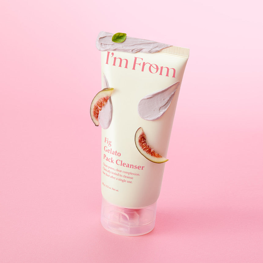 I'M FROM Fig Gelato Pack Cleanser 120ml de la marque I'M FROM, tube rose sur fond pastel, figues et crème visuelles.