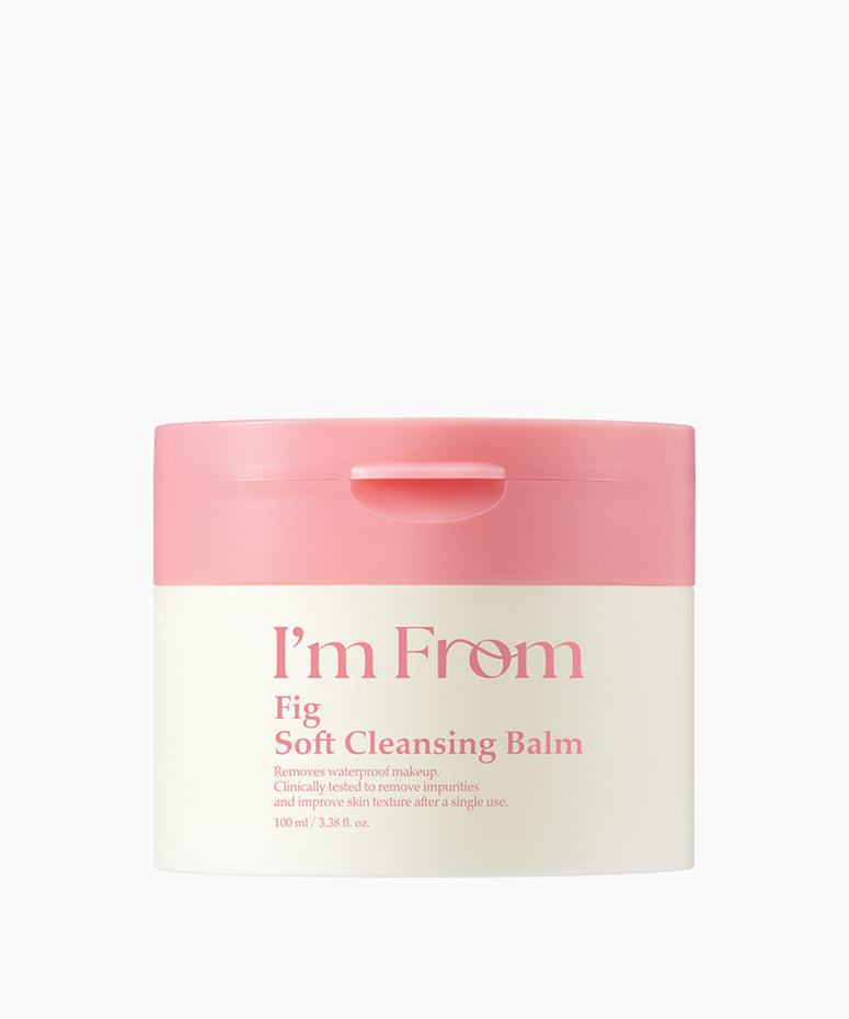 I'M FROM Fig Soft Cleansing Balm de la marque I'M FROM, baume nettoyant en pot rose et blanc sur fond clair.