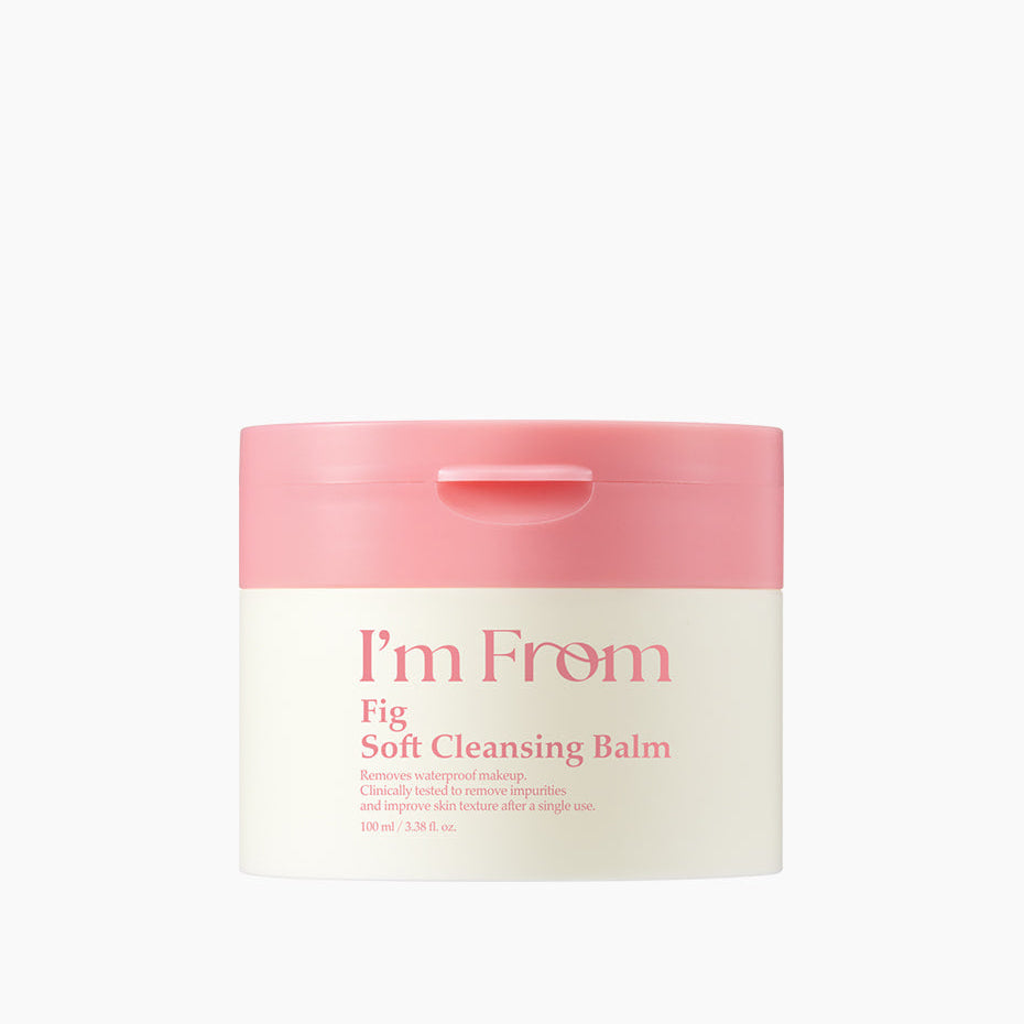 I'M FROM Fig Soft Cleansing Balm de la marque I'M FROM, baume nettoyant en pot rose et blanc sur fond clair.