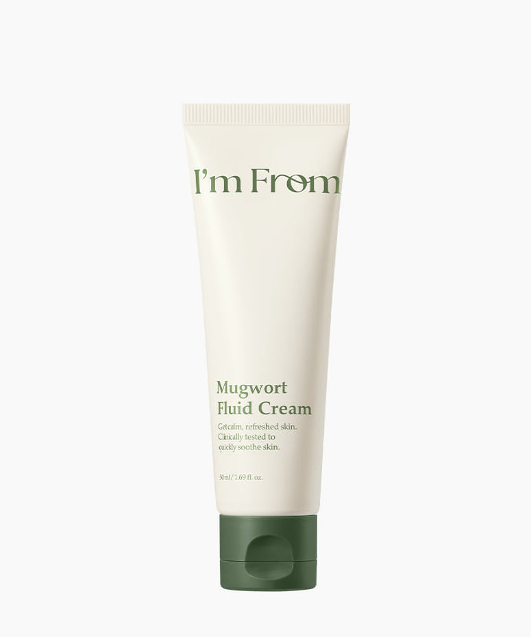Crème fluide I'M FROM Mugwort Fluid Cream 50ml en tube blanc et vert, soin apaisant pour peau sensible.