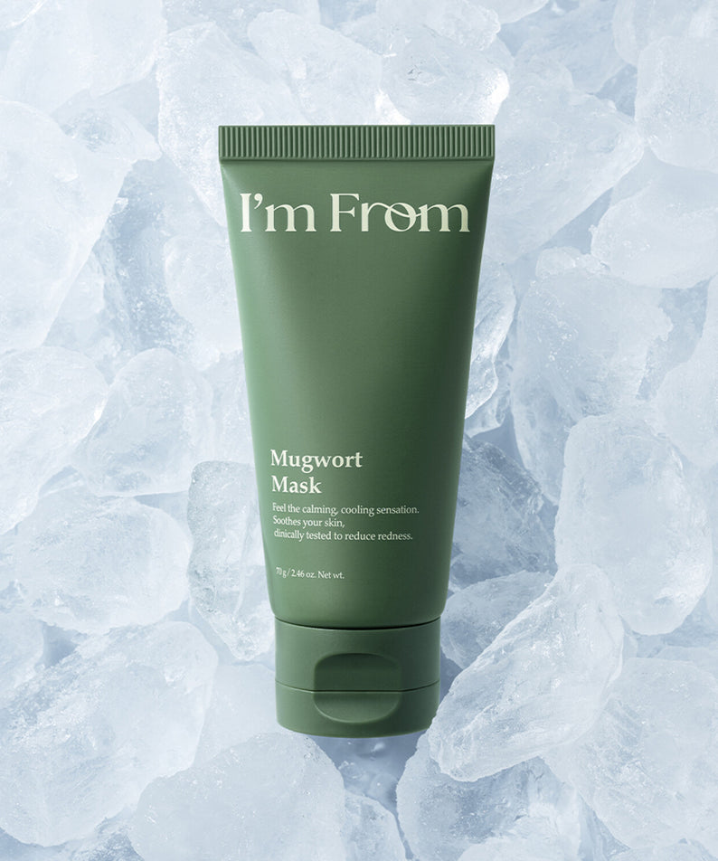 I'M FROM Mugwort Mask 70g sur fond de glace, masque apaisant et rafraîchissant pour la peau, 70g de soin naturel.