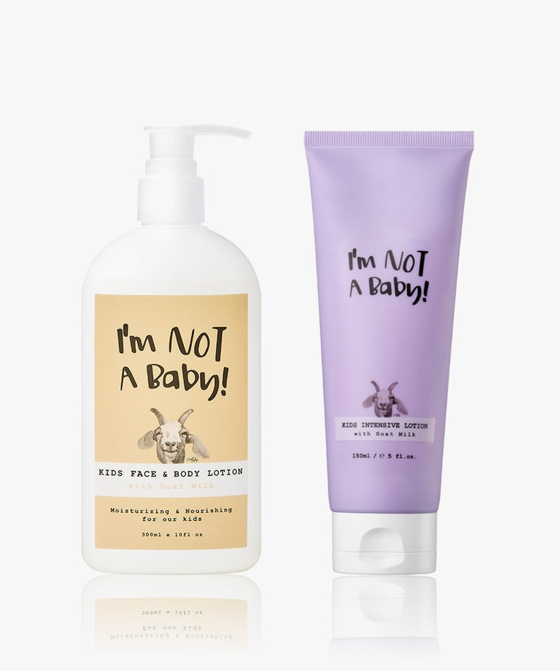 I'M NOT BABY Face & Body Lotion 300ml Intensive Lotion 150ml Set, produits de la marque sur fond blanc.