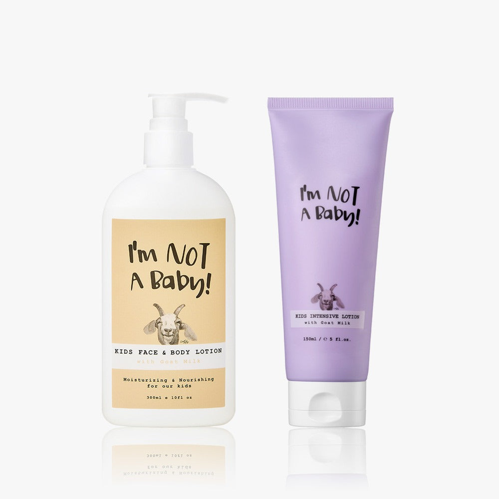 I'M NOT BABY Face & Body Lotion 300ml Intensive Lotion 150ml Set, produits de la marque sur fond blanc.