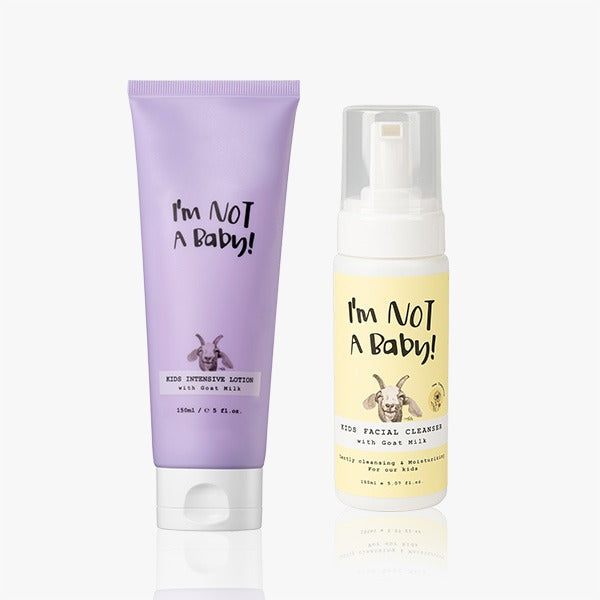 I'M NOT BABY Kids Facial Cleanser Foam Cleanser Intensive Moisturizing Lotion 150ml : tube violet et flacon crème sur fond clair.