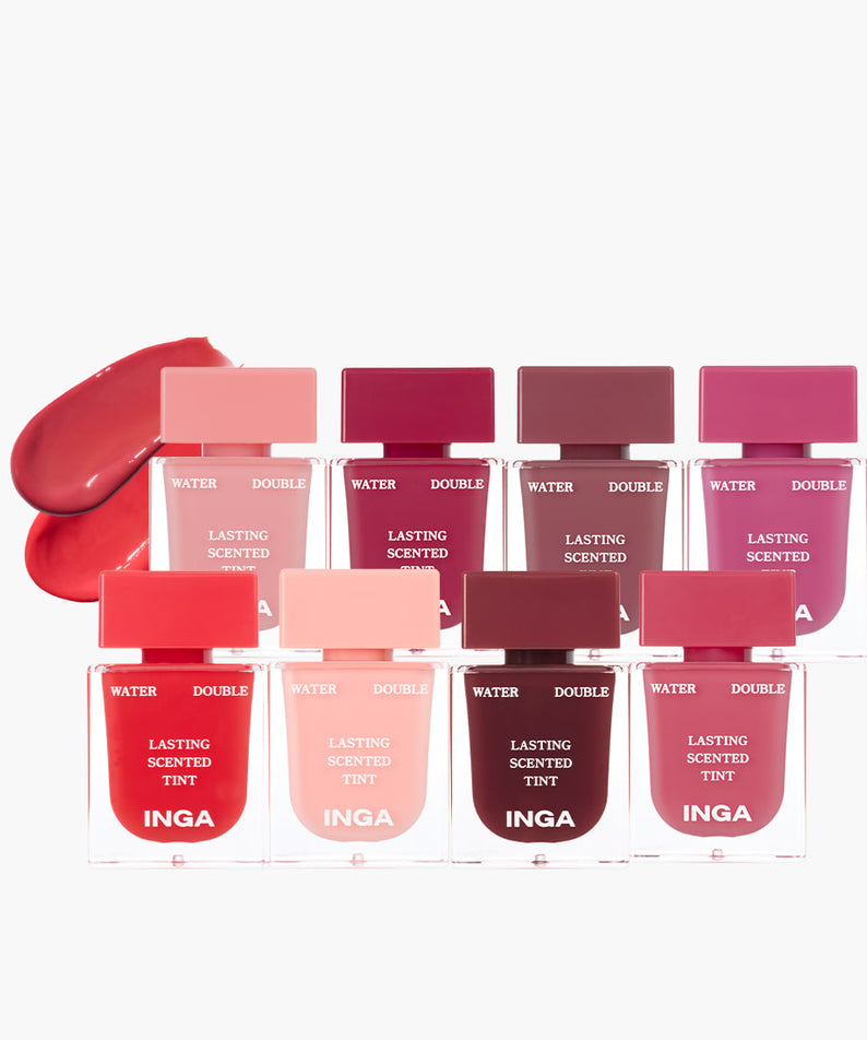 INGA Water Double Lasting Scented Tint 4.3g, collection de teintes rouges et roses sur fond clair, flacons INGA.