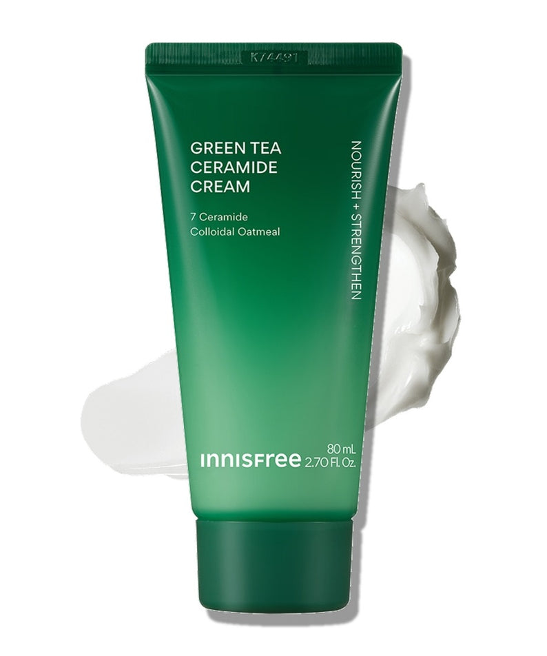 INNISFREE Green Tea Ceramide Cream 80ml (Tube), tube vert sur fond blanc, texture crème et marques Innisfree visibles.