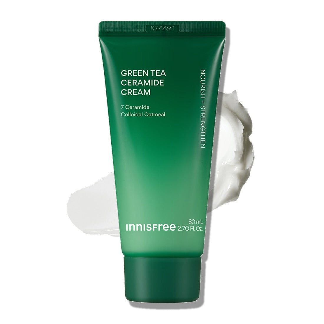 INNISFREE Green Tea Ceramide Cream 80ml (Tube), tube vert sur fond blanc, texture crème et marques Innisfree visibles.