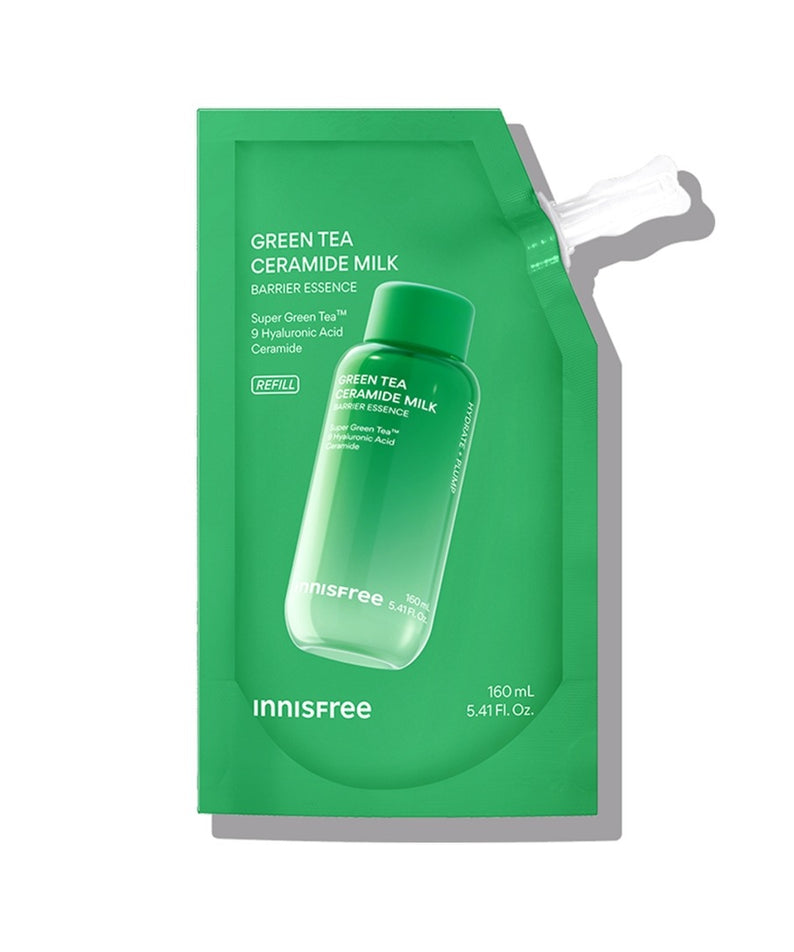 INNISFREE Green Tea Ceramide Milk Essence Refill 160ml, pack vert sur fond blanc, marque INNISFREE en évidence