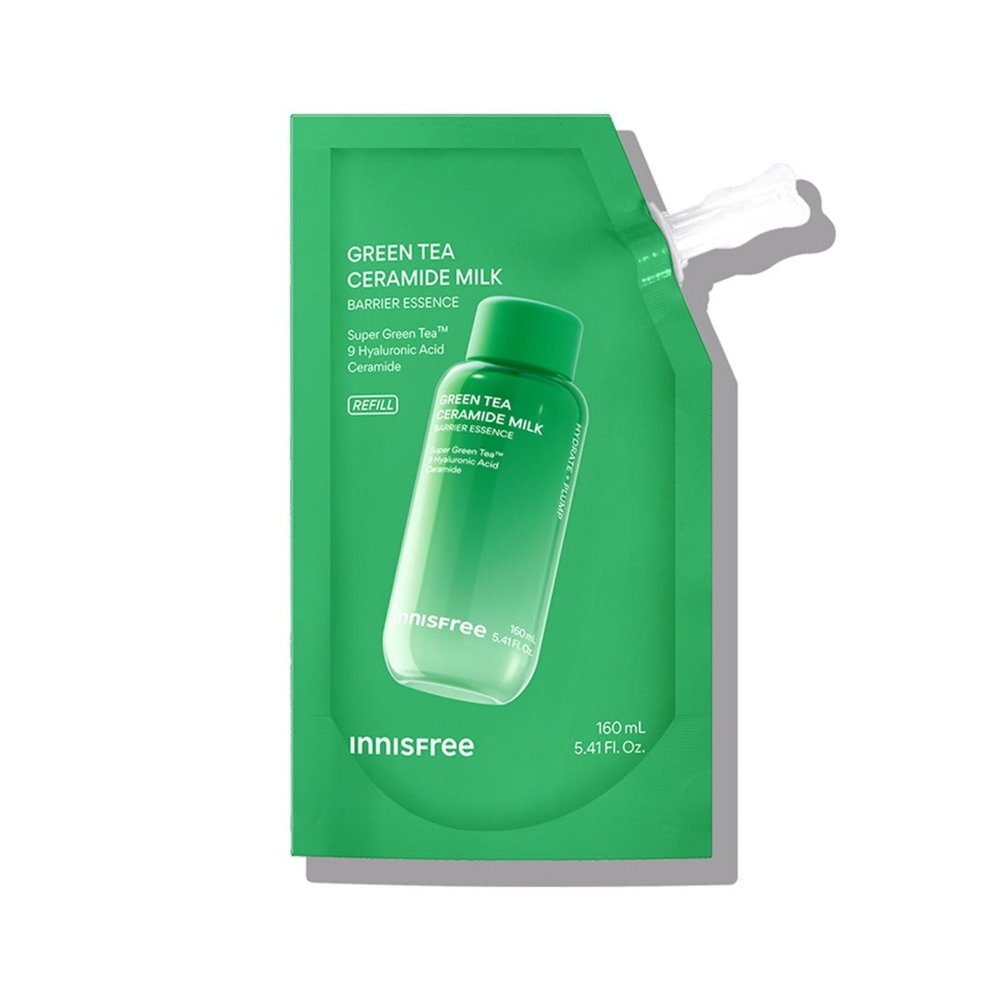INNISFREE Green Tea Ceramide Milk Essence Refill 160ml, pack vert sur fond blanc, marque INNISFREE en évidence
