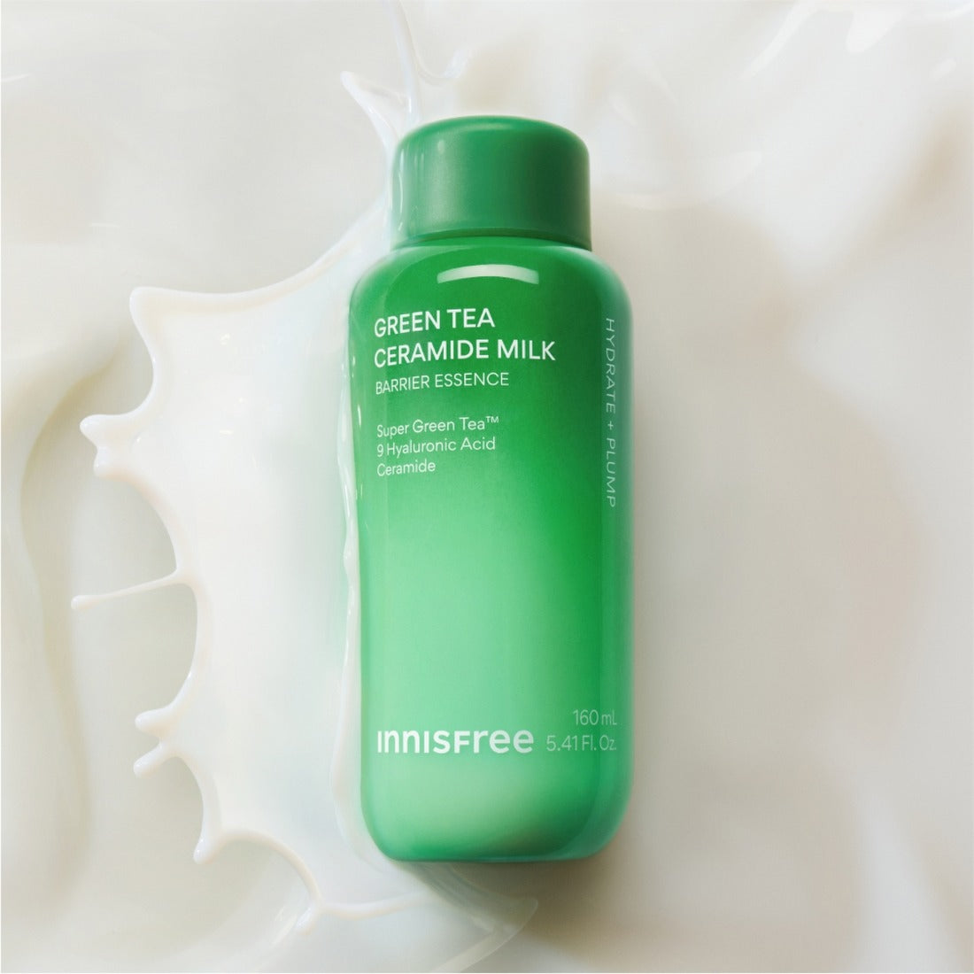 INNISFREE Green Tea Ceramide Milk Essence Refill 160ml, flacon vert sur fond blanc avec feuilles et gouttes, en contexte skincare.