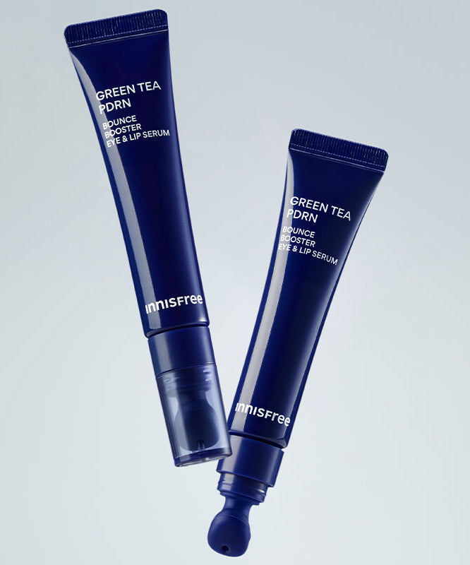 INNISFREE Green Tea PDRN Eye & Lip Serum 15ml, deux tubes bleus sur fond clair, marque Innisfree, contexte produit.