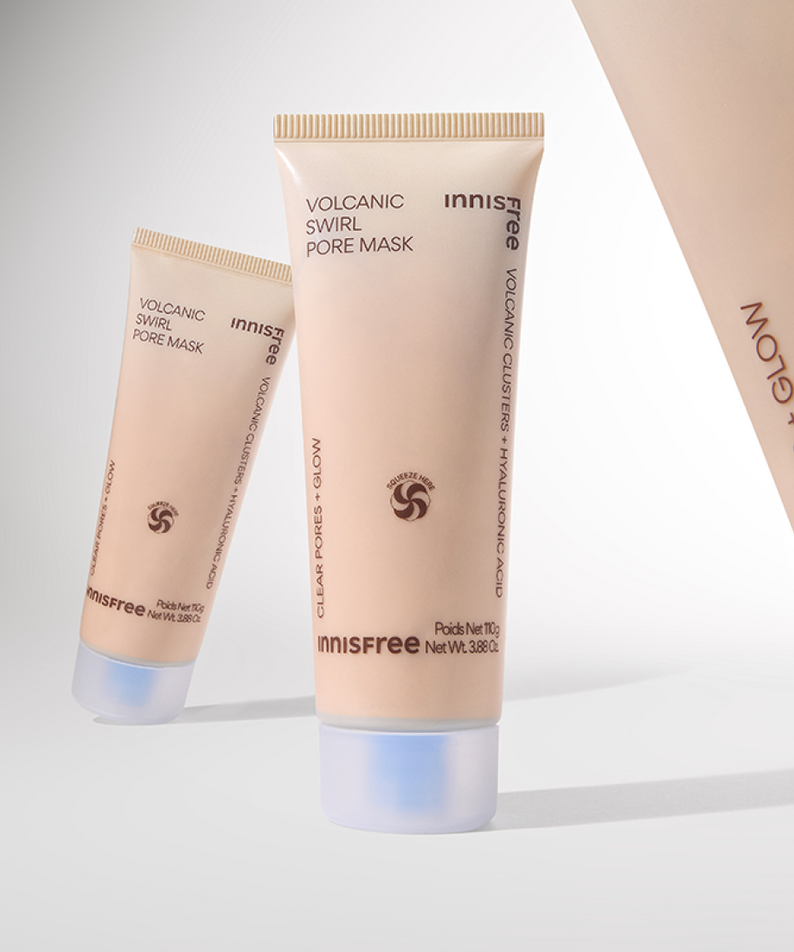 INNISFREE Volcanic Pore Dual Mask 110ml, soin de peau en profondeur avec ingrédients volcaniques, tube de 110ml, sur fond gris.