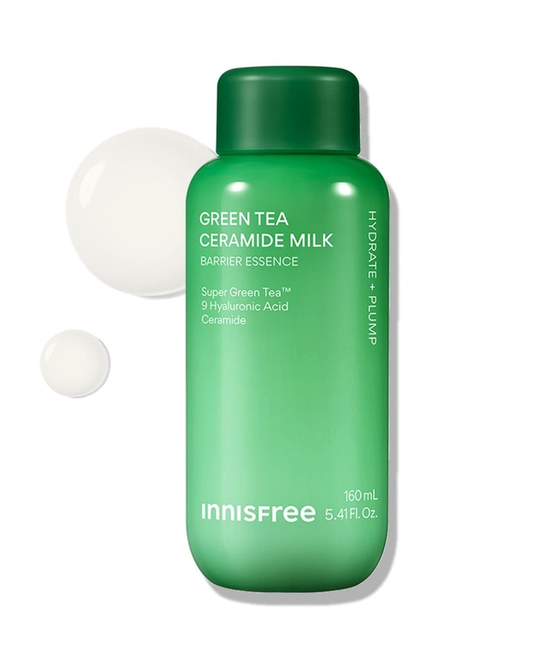 INNISFREE Green Tea Ceramide Milk Essence 160ml bouteille en gros plan, hydratation aux céramides et thé vert.