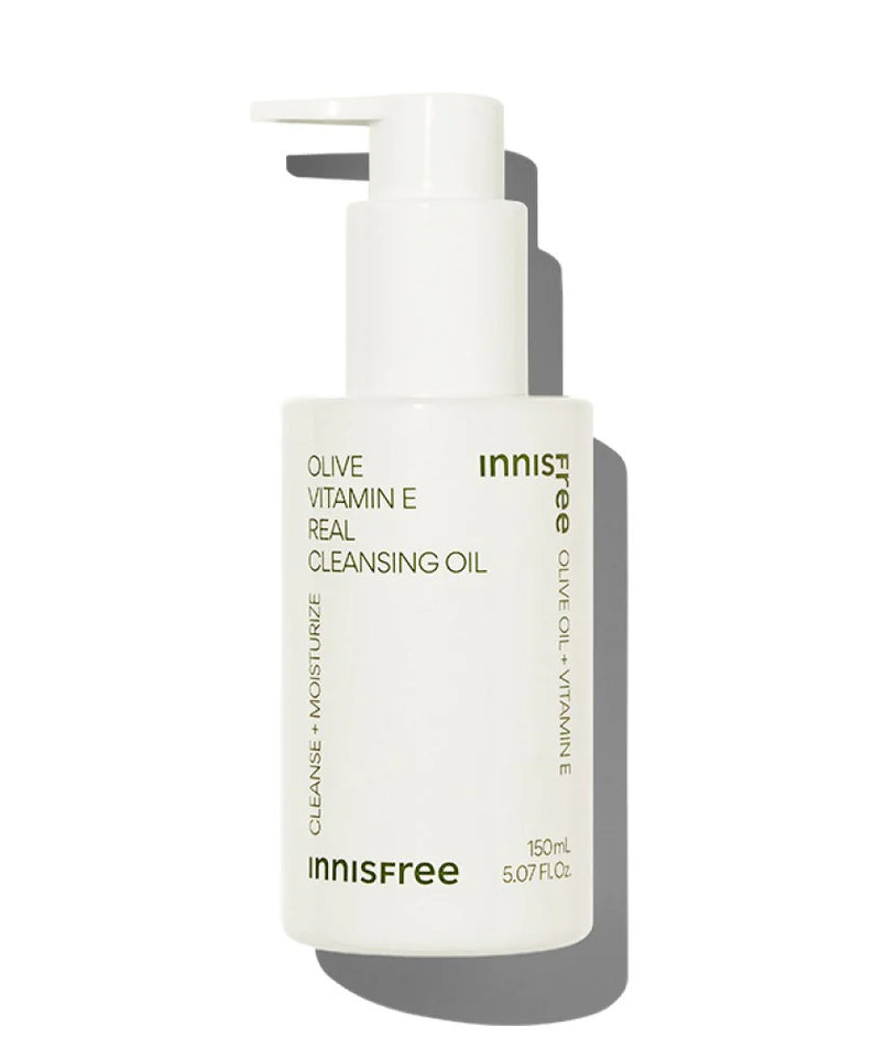 INNISFREE Olive Vitamin E Real Cleansing Oil 150ml, flacon blanc sur fond clair, visuel produit cosmétique.