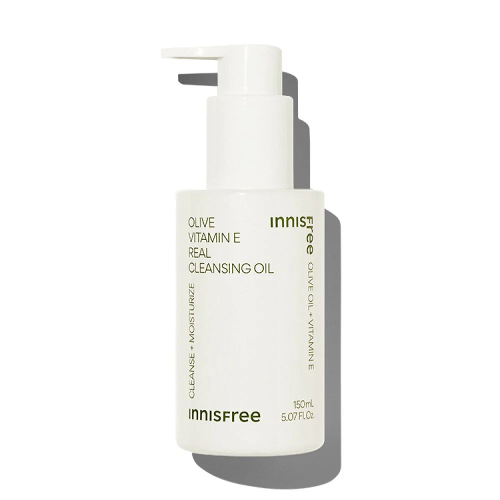 INNISFREE Olive Vitamin E Real Cleansing Oil 150ml, flacon blanc sur fond clair, visuel produit cosmétique.