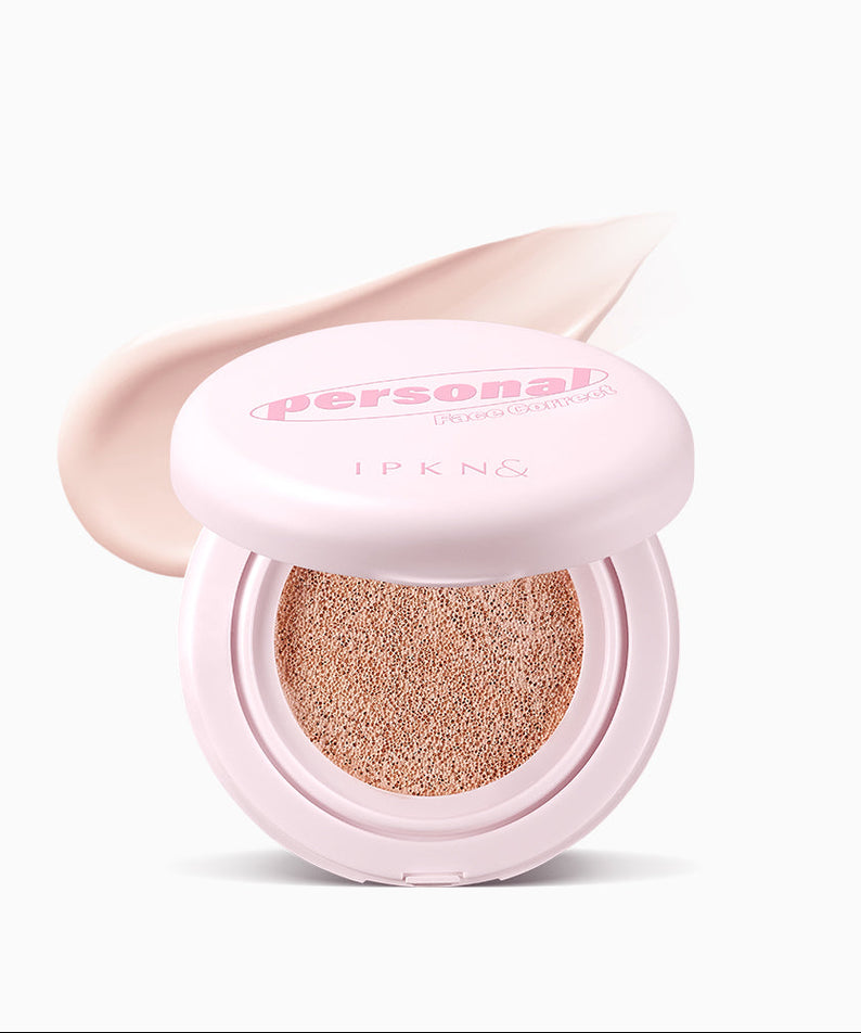 Coussin de maquillage IPKN Personal Tone Up Cushion 13g avec emballage rose élégant et texture crème. Améliore le teint en douceur.