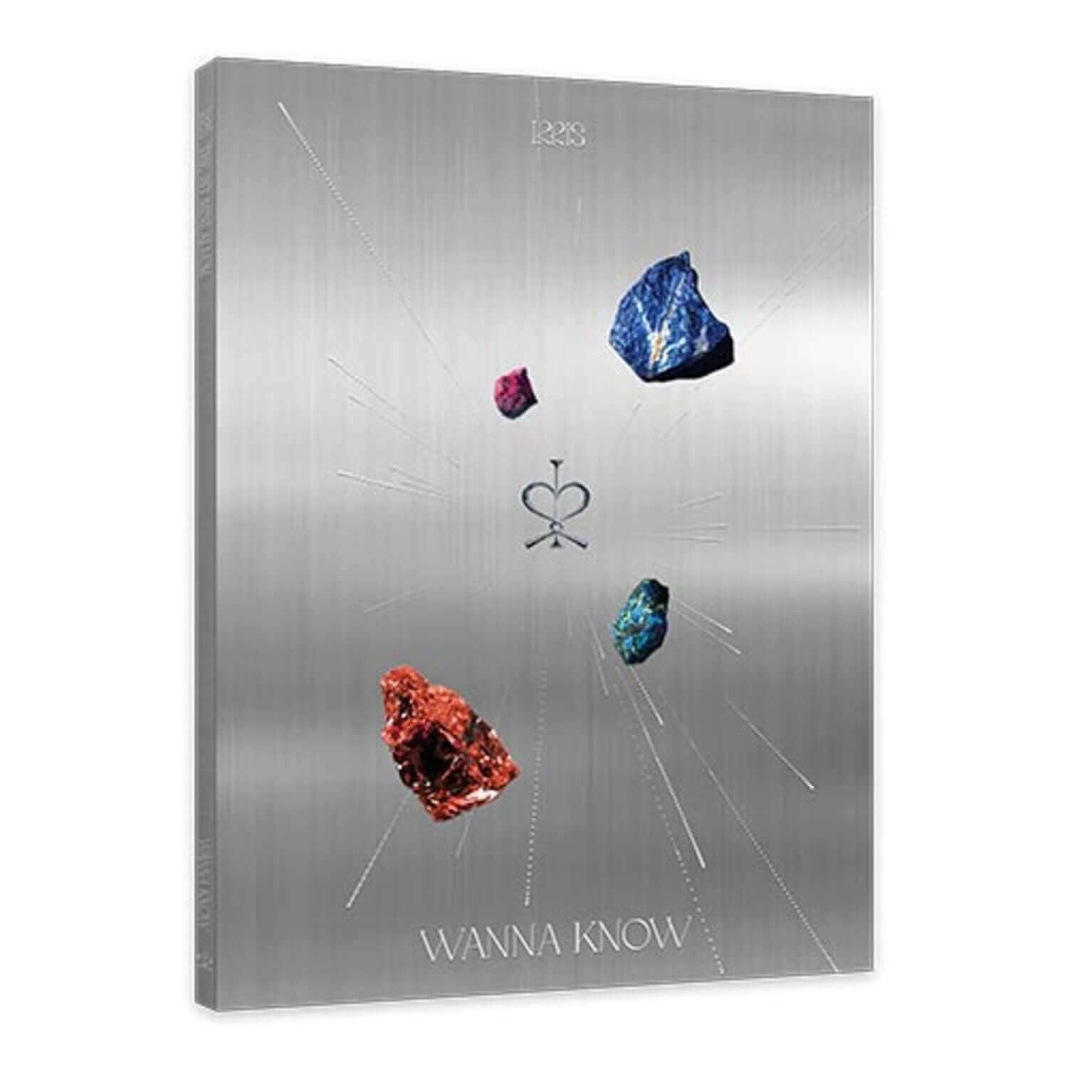 IRRIS - [WANNA KNOW] - Album Kpop : jaquette argentée, visuels cristaux bleus/rouges, fond futuriste.