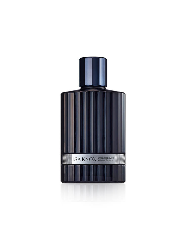 ISAKNOX  Age Focus Homme All-in-One Essence 120ml, flacon bleu sur fond blanc, produit soins visage homme
