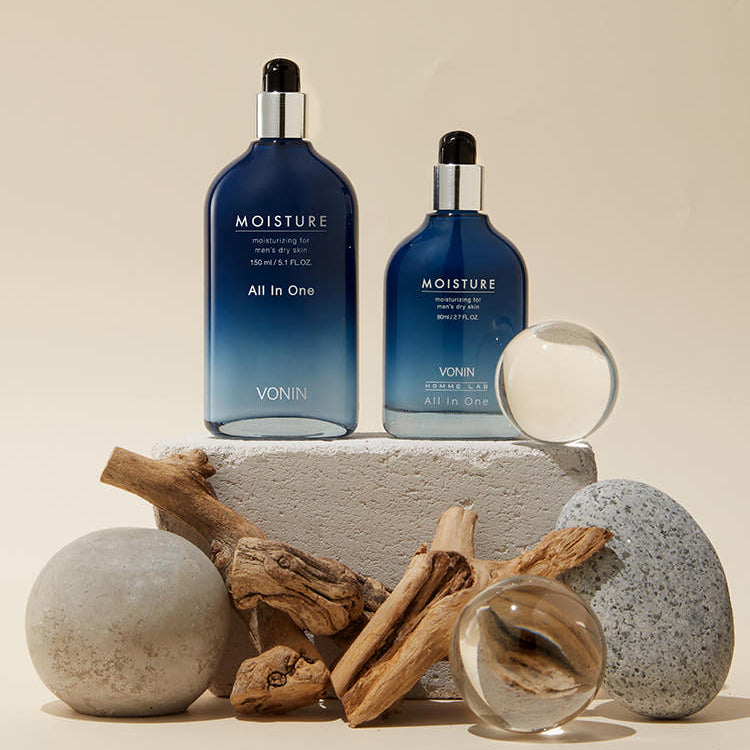 ISAKNOX  Bonin All-in-One Moisture 150ml + 80ml, bouteilles avec VONIN, décor spa minéral, sur fond beige