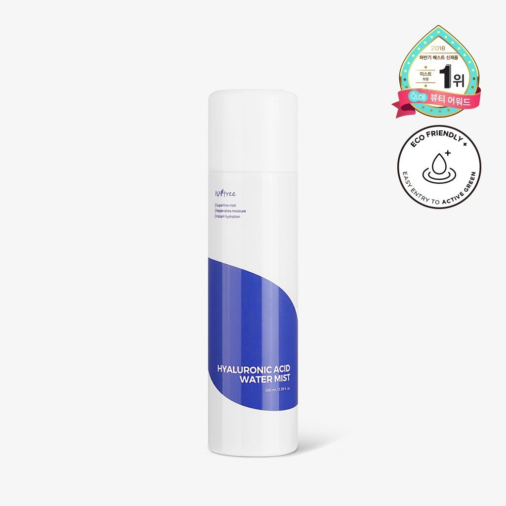 ISNTREE Hyaluronic Acid Water Mist 100ml, flacon blanc sur fond clair, brume hydratante pour le visage