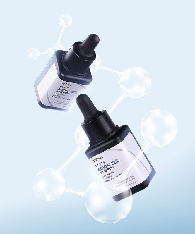 ISNTREE Hyper Acid 4 AHA BHA PHA RHA 30 Serum 20ml, marque ISNTREE, flacons noirs sur fond bleu, bulles 3D