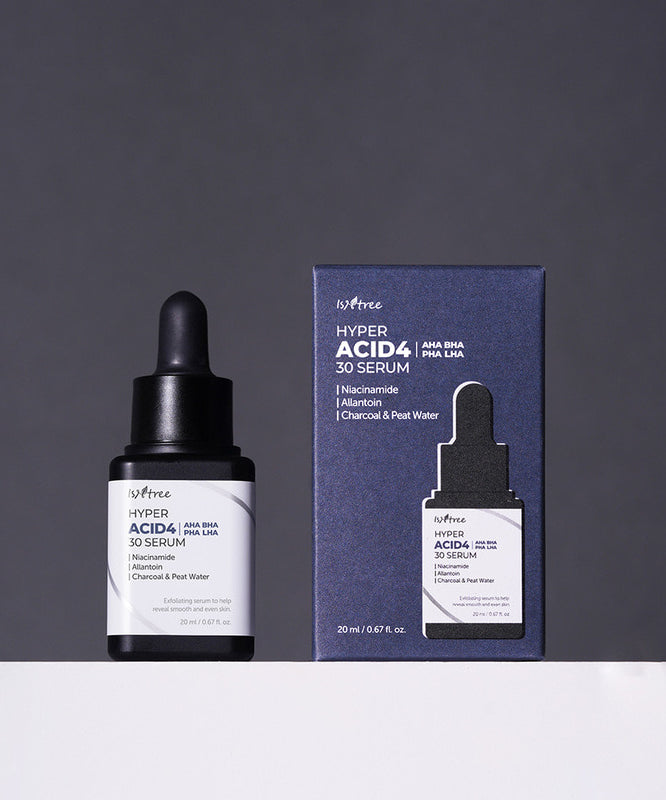 ISNTREE Hyper Acid 4 AHA BHA PHA RHA 30 Serum 20ml, bouteille et boîte sur fond sombre, soin exfoliant visage