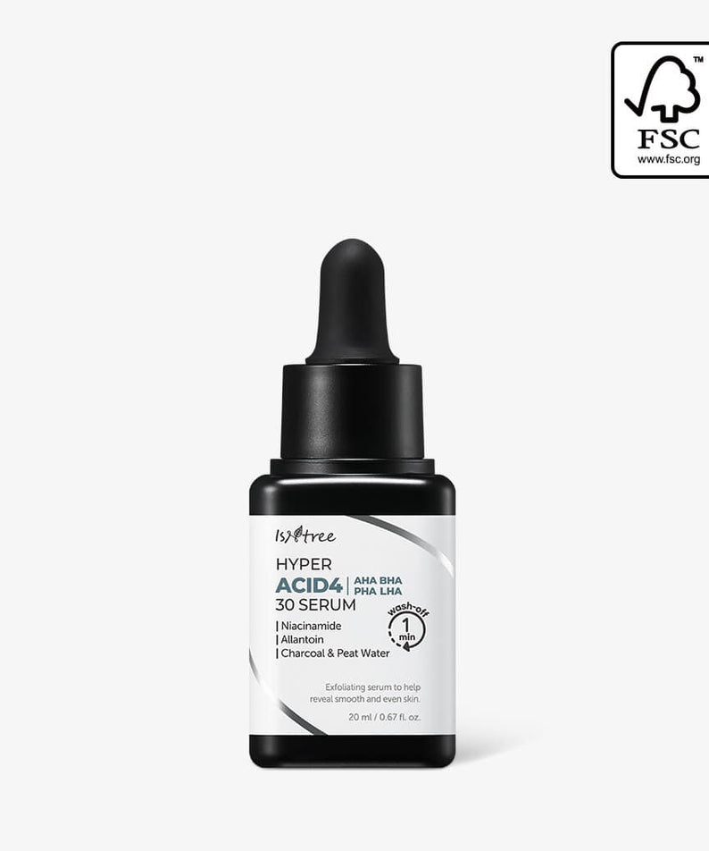 ISNTREE Hyper Acid 4 AHA BHA PHA RHA 30 Serum 20ml, bouteille sérum sur fond clair, logo marque visible
