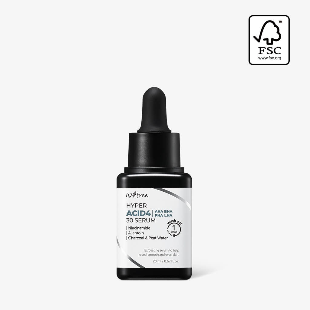 ISNTREE Hyper Acid 4 AHA BHA PHA RHA 30 Serum 20ml, bouteille sérum sur fond clair, logo marque visible
