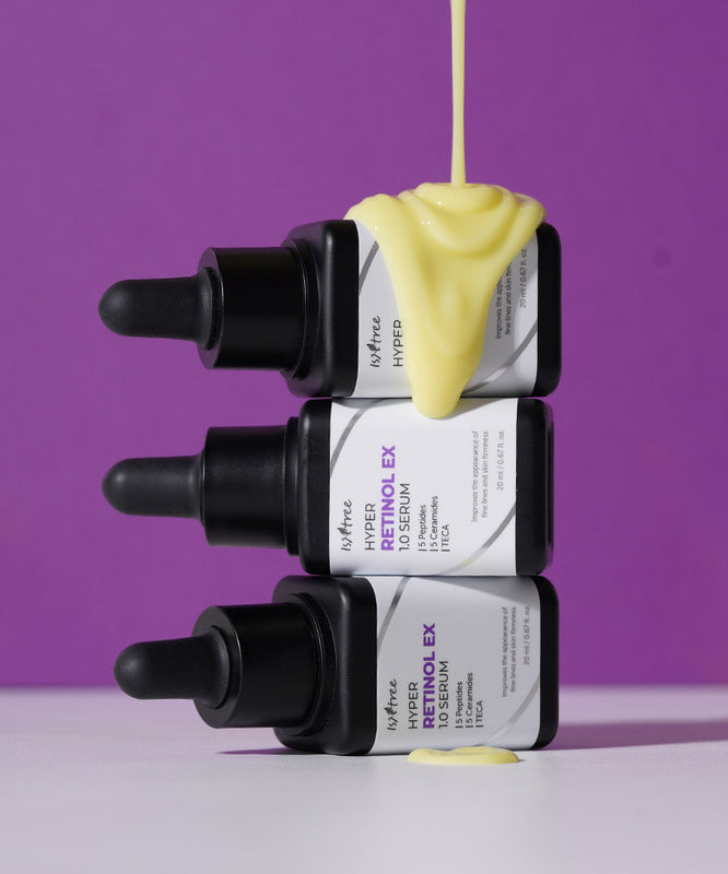 ISNTREE Hyper Retinol EX 1.0 Serum 20ml, flacons noirs avec sérum jaune sur fond violet, marque ISNTREE
