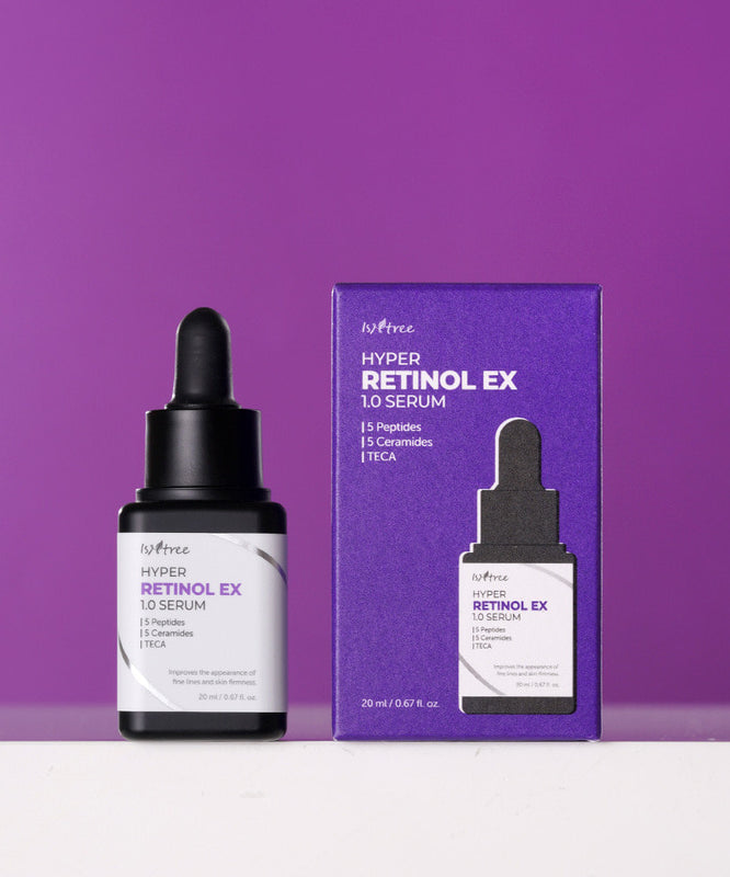 ISNTREE Hyper Retinol EX 1.0 Serum 20ml, flacon et boîte sur fond violet, éclairage studio, produit beauté coréen